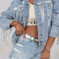 Sky Blue Sequin Embellished Fringe Distressed Denim Jacket: Sky Blue / 75%Cotton+12.7%Polyester+12.3%Viscose.