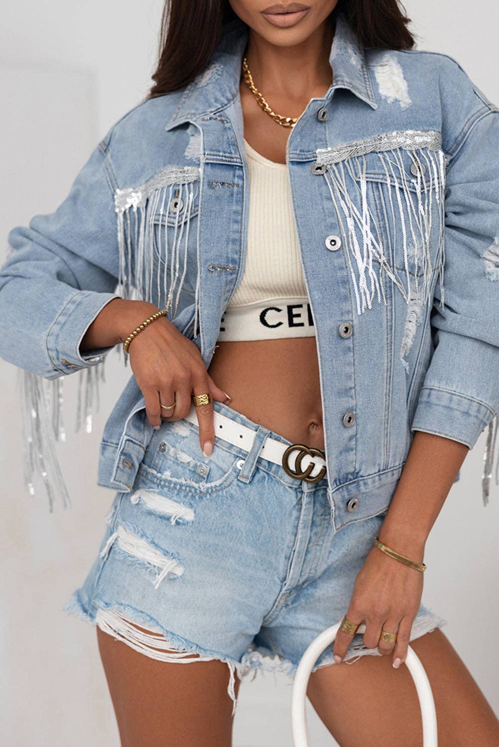 Sky Blue Sequin Embellished Fringe Distressed Denim Jacket: Sky Blue / 75%Cotton+12.7%Polyester+12.3%Viscose.