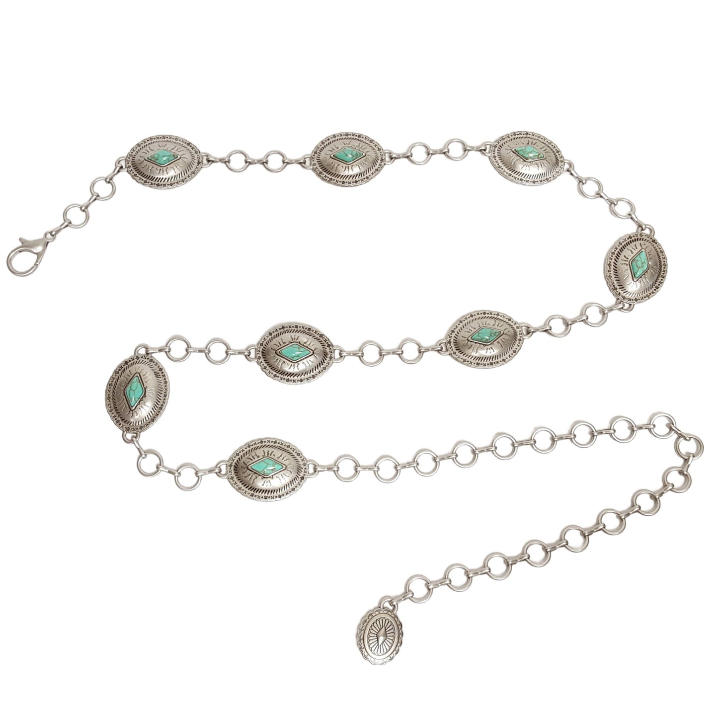 Western-Inspired, Oval Matte Silver Concho Chain Belt