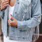 Sky Blue Sequin Embellished Fringe Distressed Denim Jacket: Sky Blue / 75%Cotton+12.7%Polyester+12.3%Viscose.