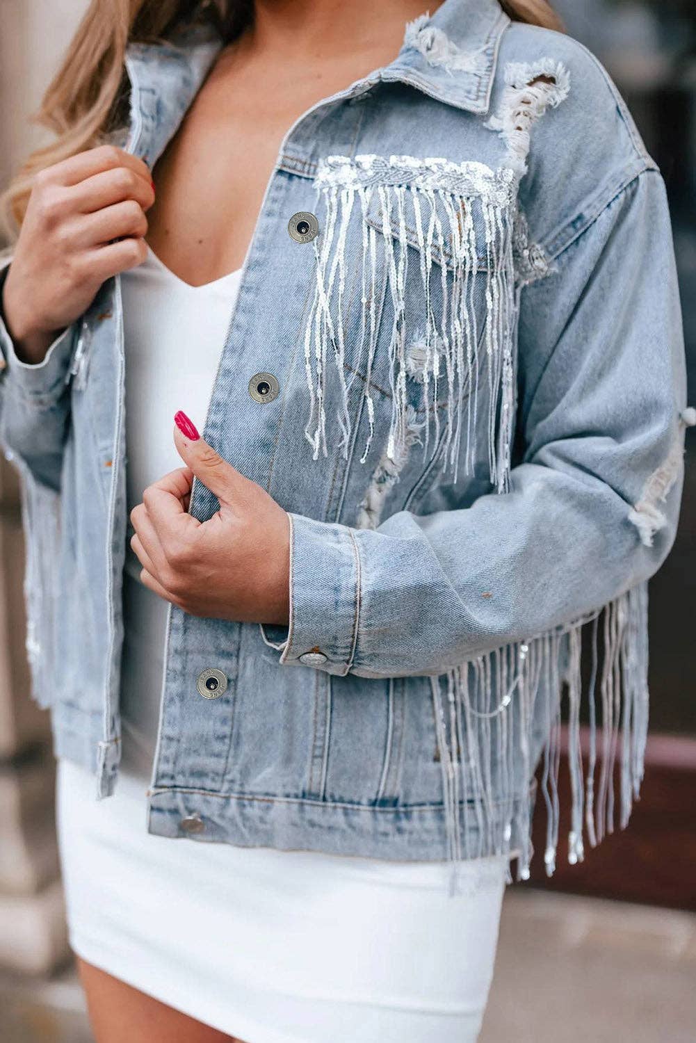 Sky Blue Sequin Embellished Fringe Distressed Denim Jacket: Sky Blue / 75%Cotton+12.7%Polyester+12.3%Viscose.