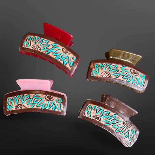 Turquoise Painted Sunflower Tooled Leather Claw Hair Clips