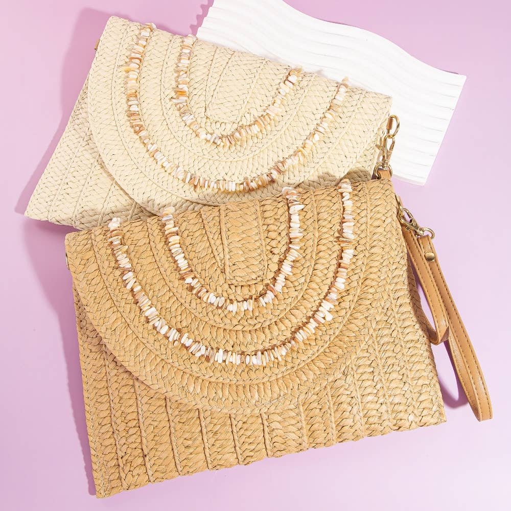 Shell Beaded Accent Paper Woven Envelope Clutch Bag: TA