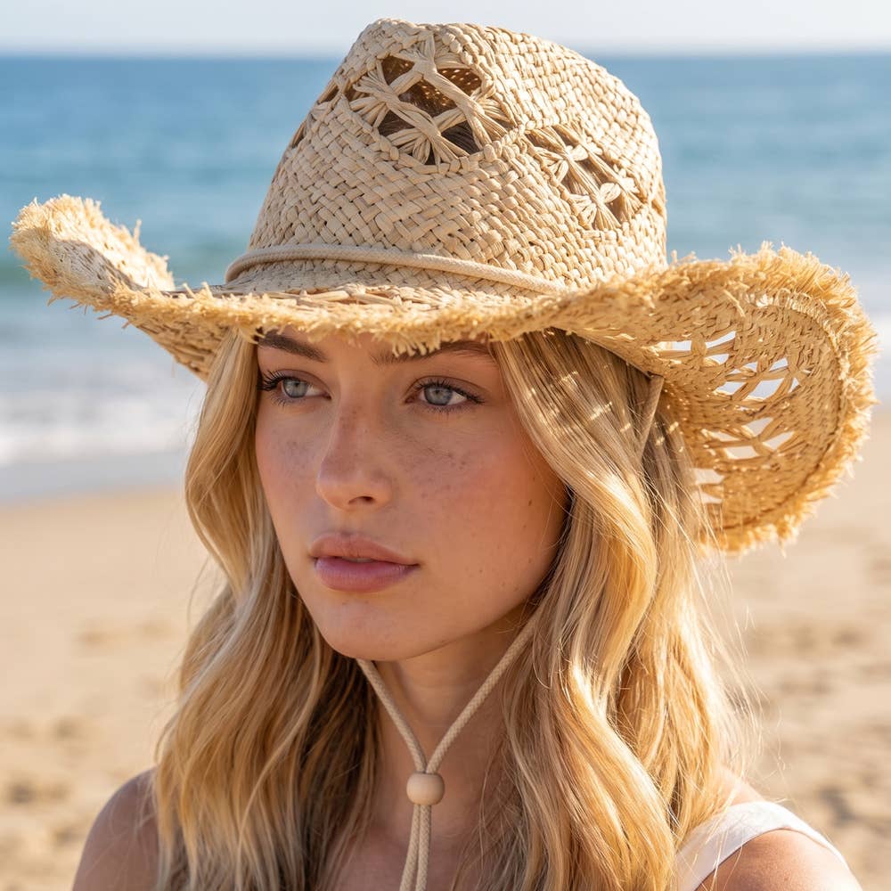 Frayed Edge Open Weave Straw Cowboy Hat: IV