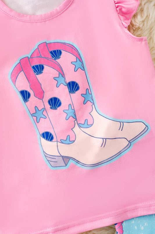 Pink angel sleeve cowgirl boot top & blue pants. OFG50916 JEAN