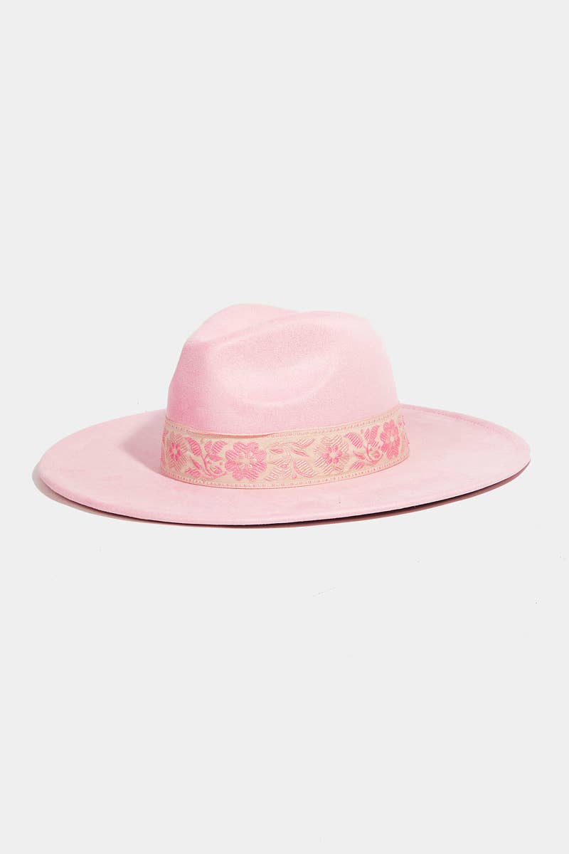 Wide Brim Felt Hat With Floral Ribbon Band