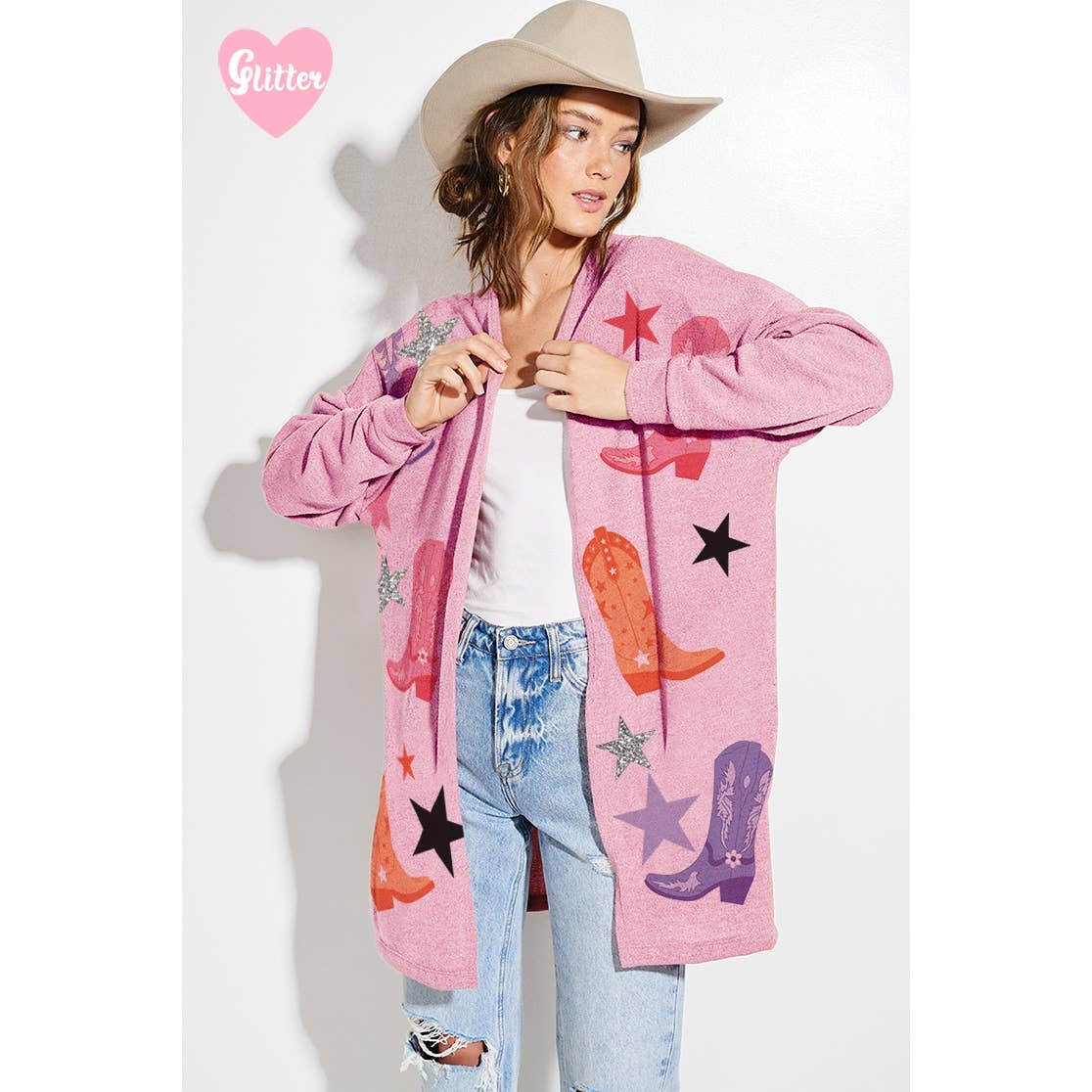 Cowgirl boots Glitter print Knit casual Cardigan