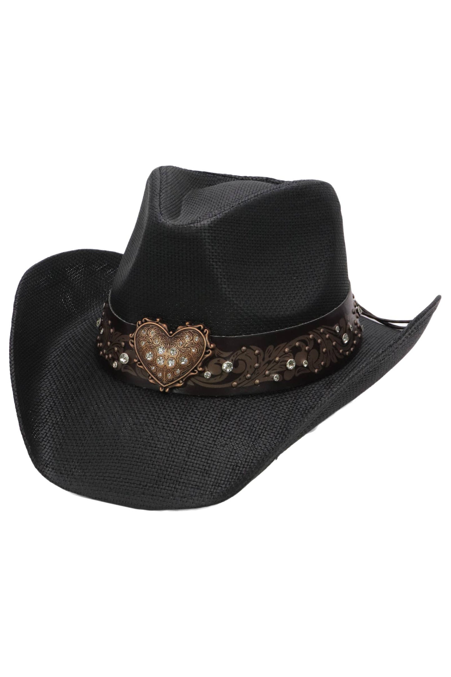 Heart Bling Rhinestone Belt Ombre Straw Cowboy Hat: Beige