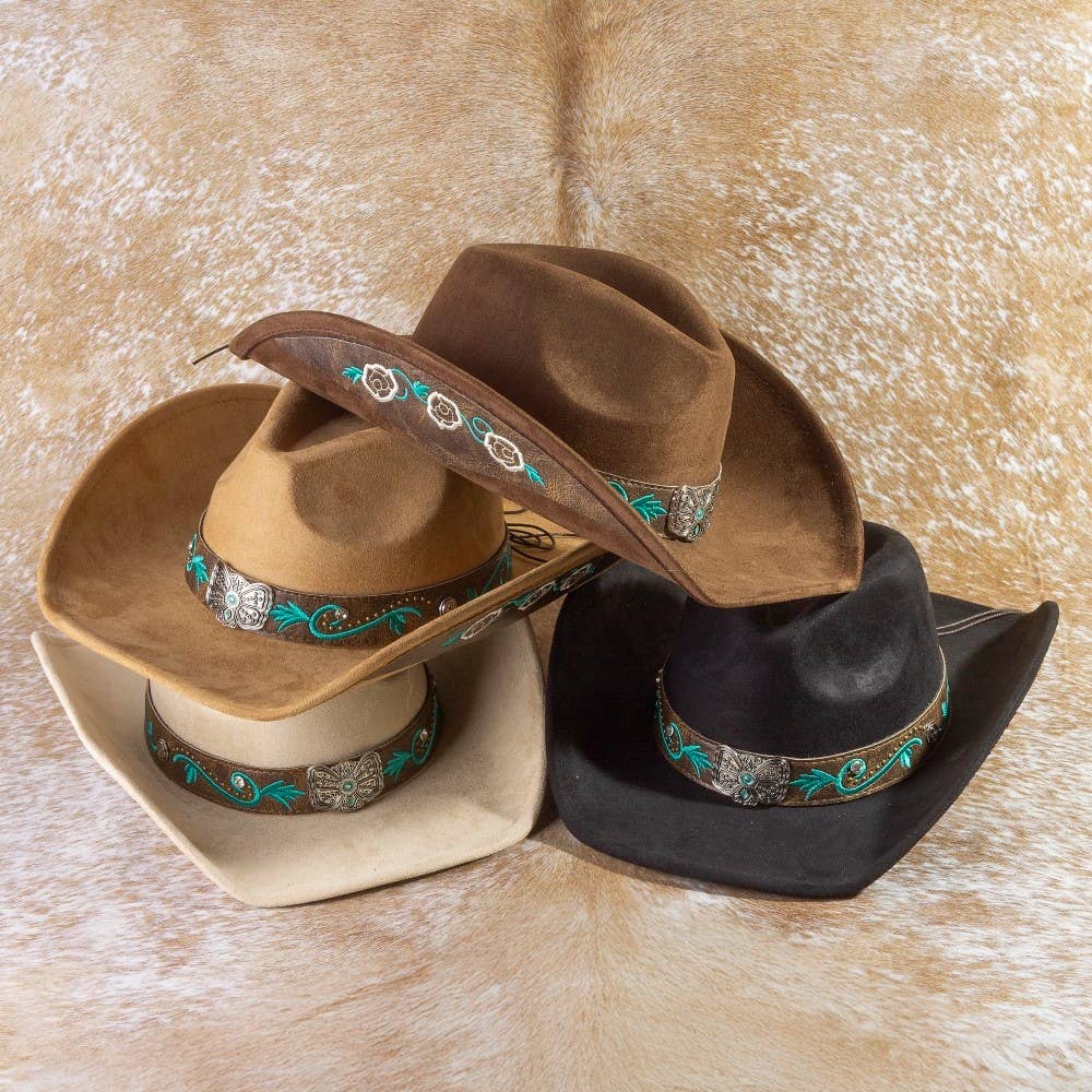 Concho Embroidered Strap Western Cowboy Hat: DBR