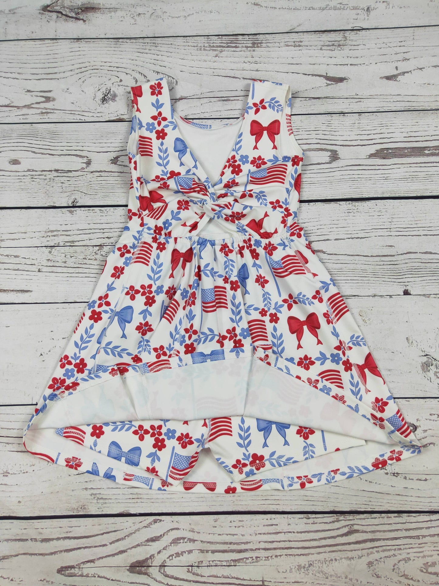 Flower Bow Print Girls Patriotic Athletic Dresses