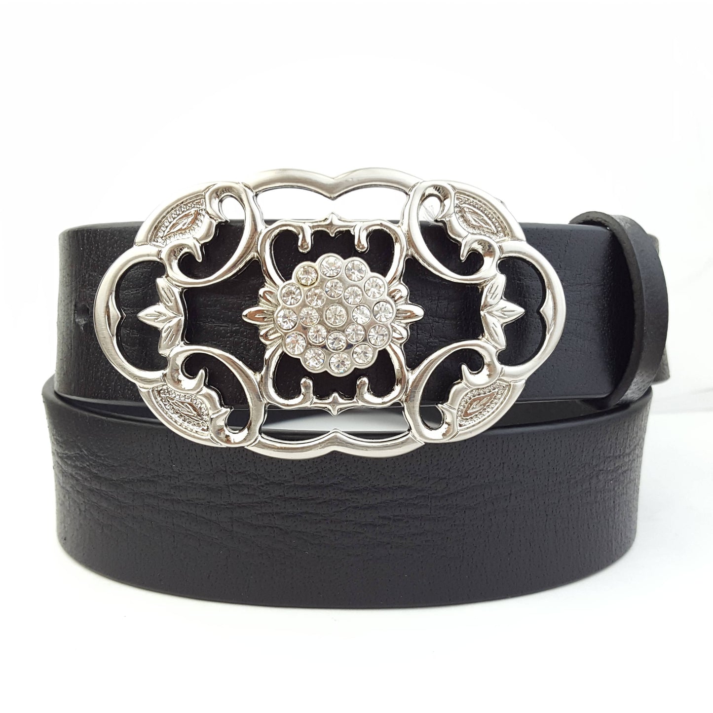 Genuine Leather belt w. Shiny Silver Oval Floral Buckle: Black