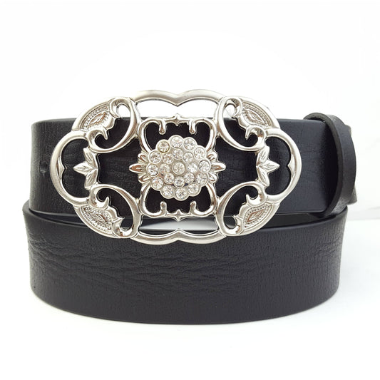 Genuine Leather belt w. Shiny Silver Oval Floral Buckle: Black
