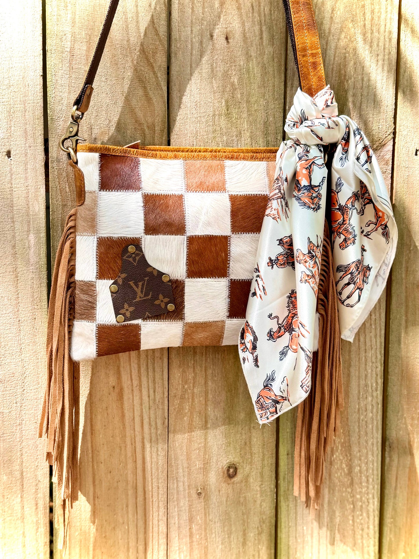 Upcycled LV Cowhide Leather Checkered Crossbody Bag Western 