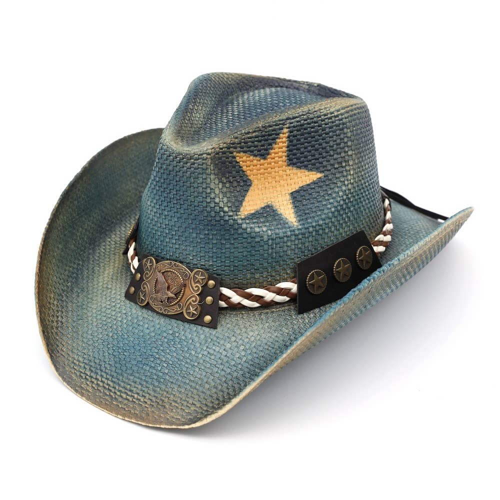 Yellow Star Print Western Eagle Medallion Cowboy Hat: BLUE