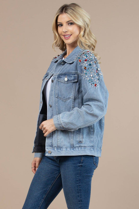 63001-Shoulder Rhinestones Washed Denim Jacket DENIM BLUE.