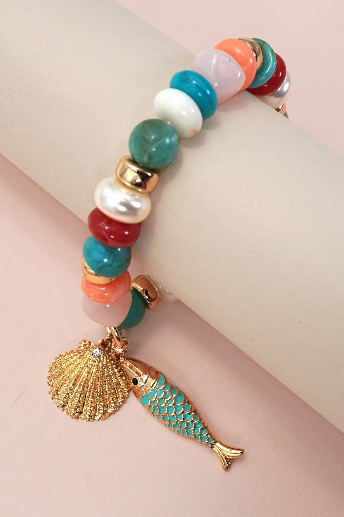 MULTI PEARL STONE MIX BEADED GOLD FISH BRACELETS | 80B1507: GOLD