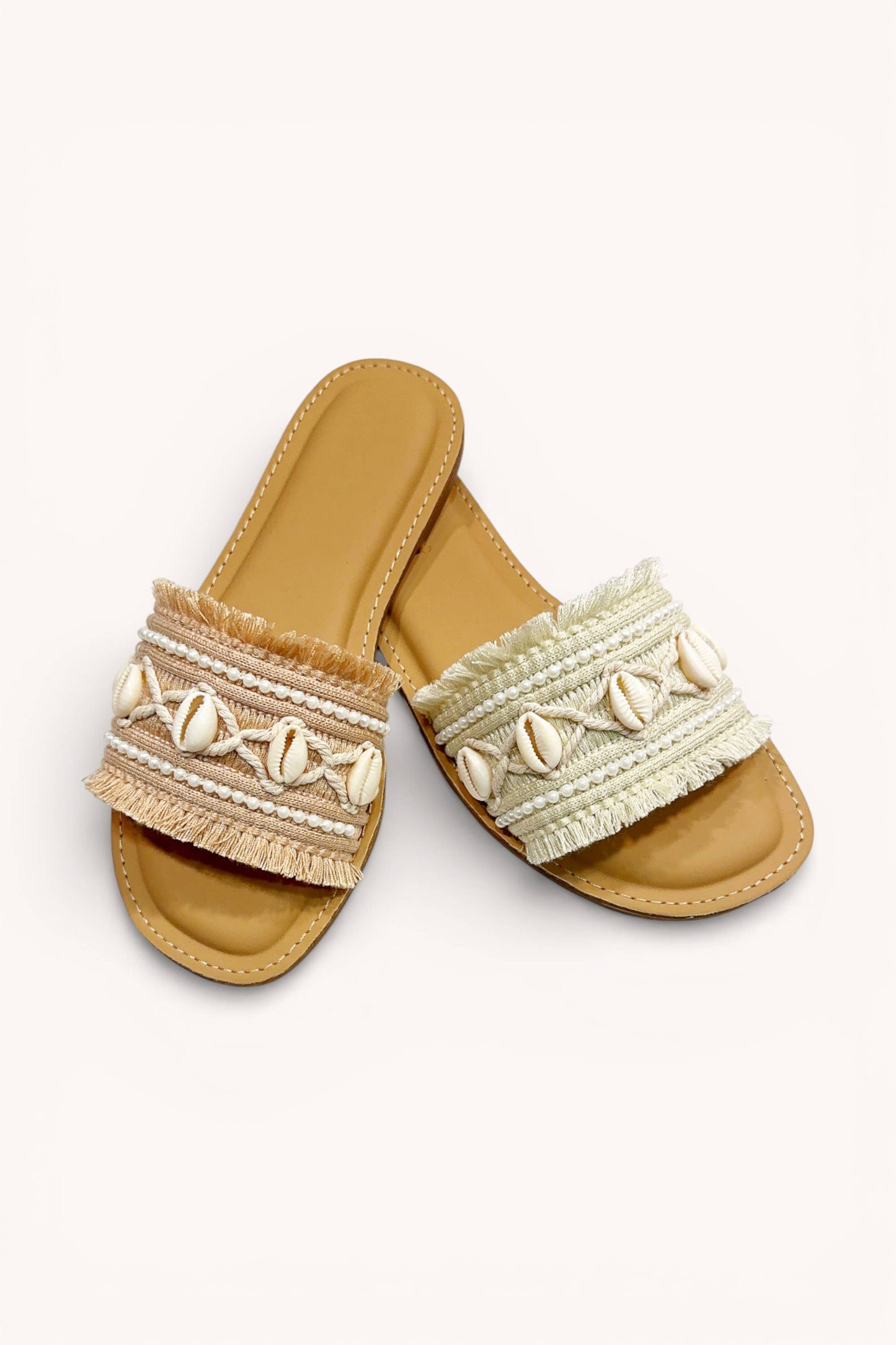 WOVEN FABRIC UPPER WITH EMBELLISHED BEADING DECOR: BEIGE