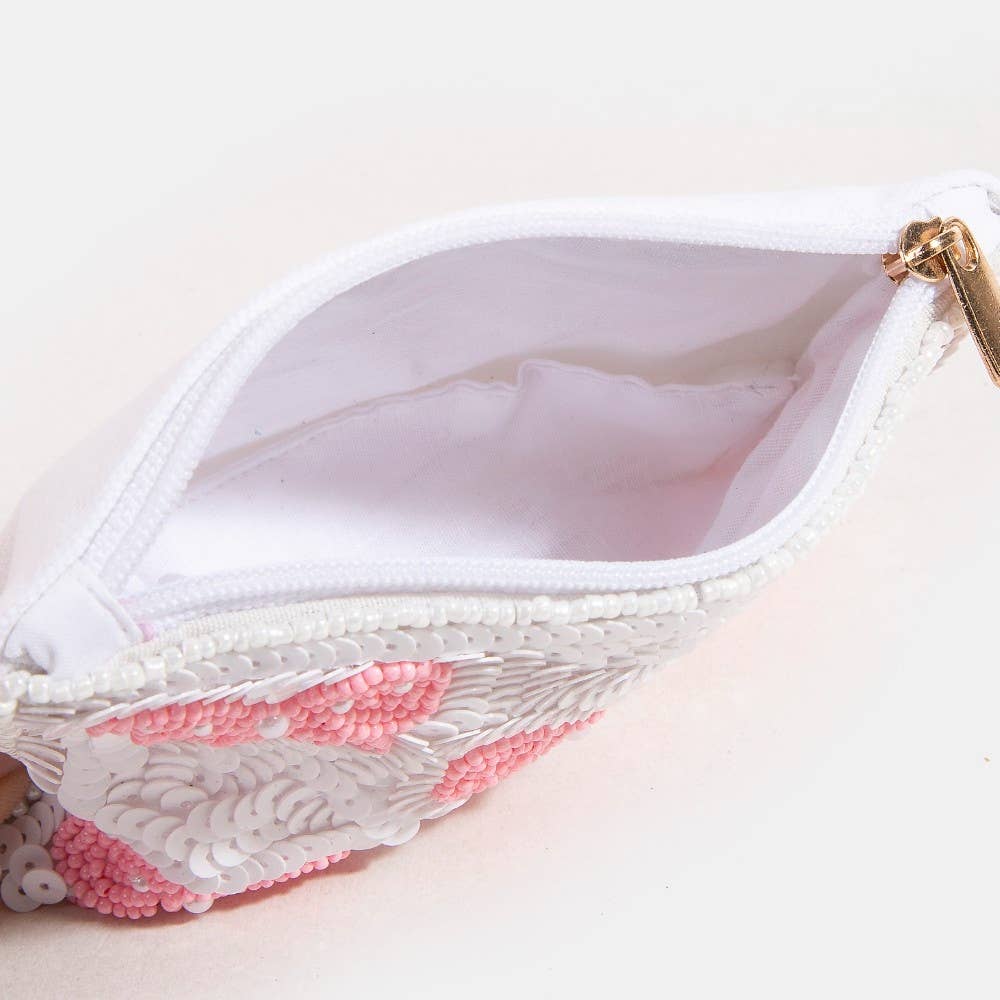 Pink Pearl Bead Ribbon Bow Mixed Beaded Coin Purse