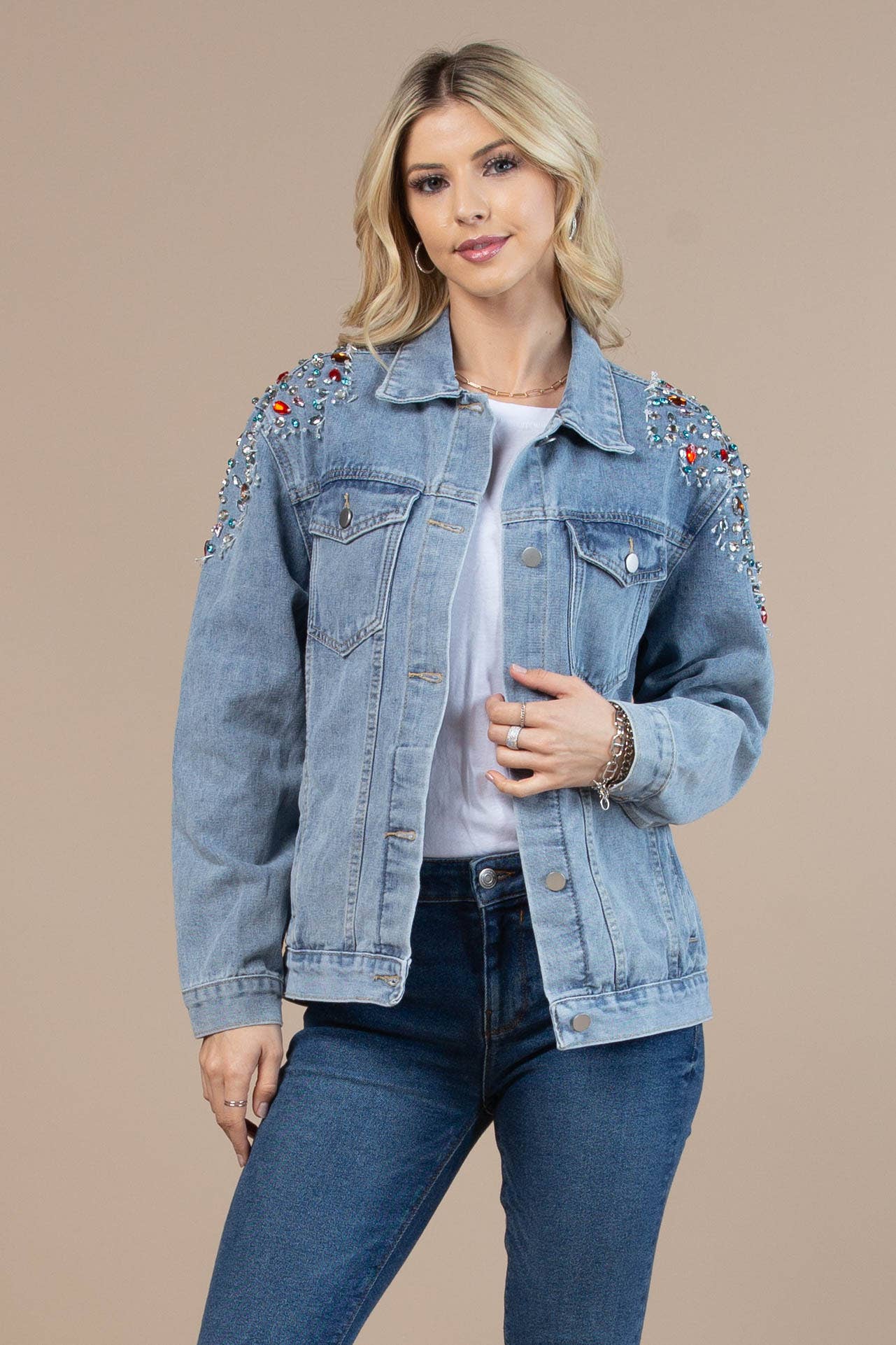 63001-Shoulder Rhinestones Washed Denim Jacket DENIM BLUE.
