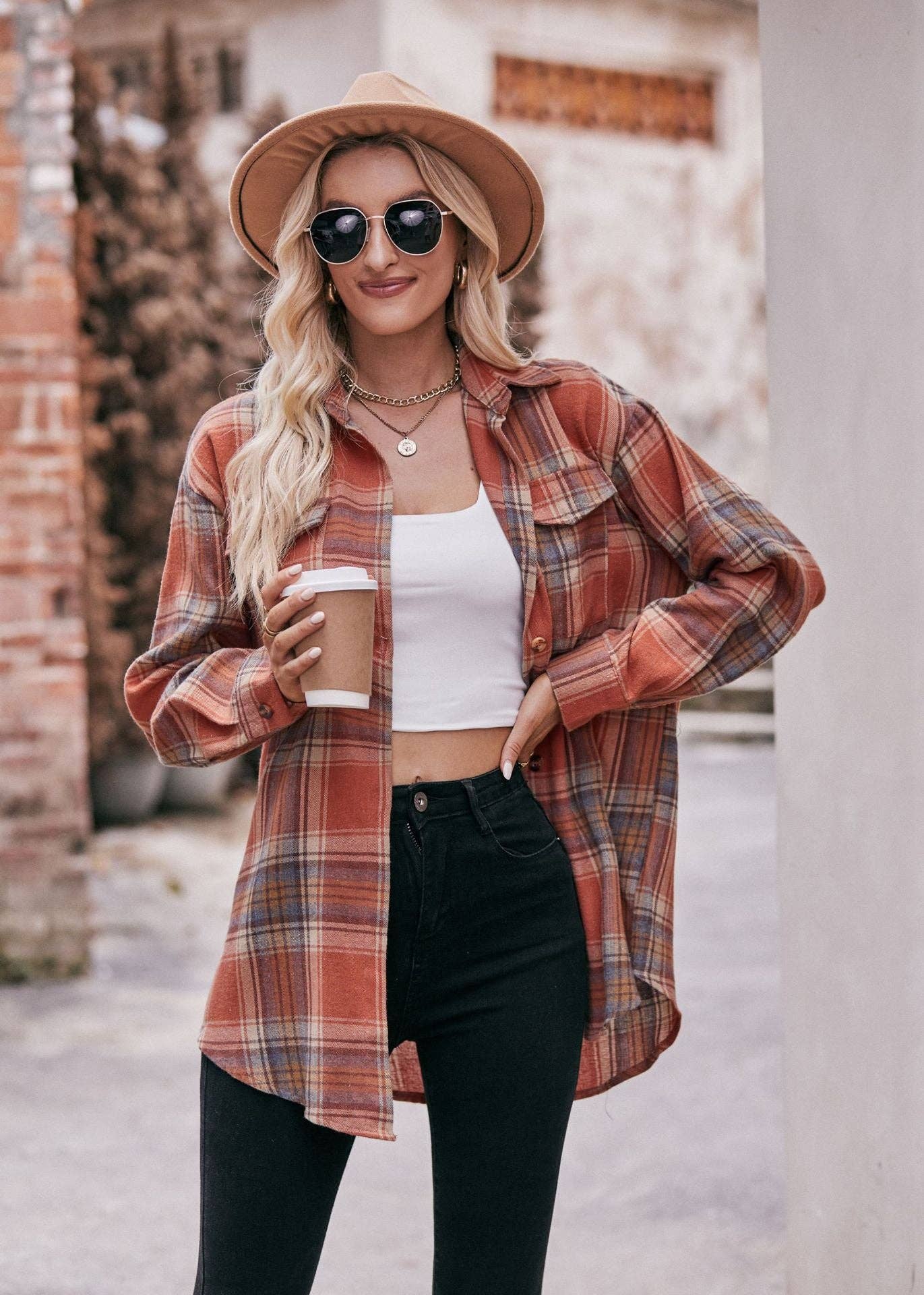 Women's Casual Fashion Oversized Loose Plaid Shirt Caramel / 100%Polyester.