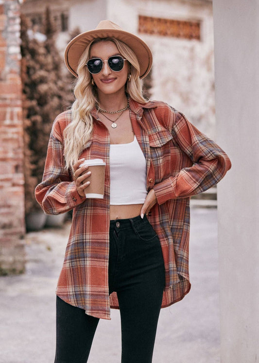 Women's Casual Fashion Oversized Loose Plaid Shirt Caramel / 100%Polyester.
