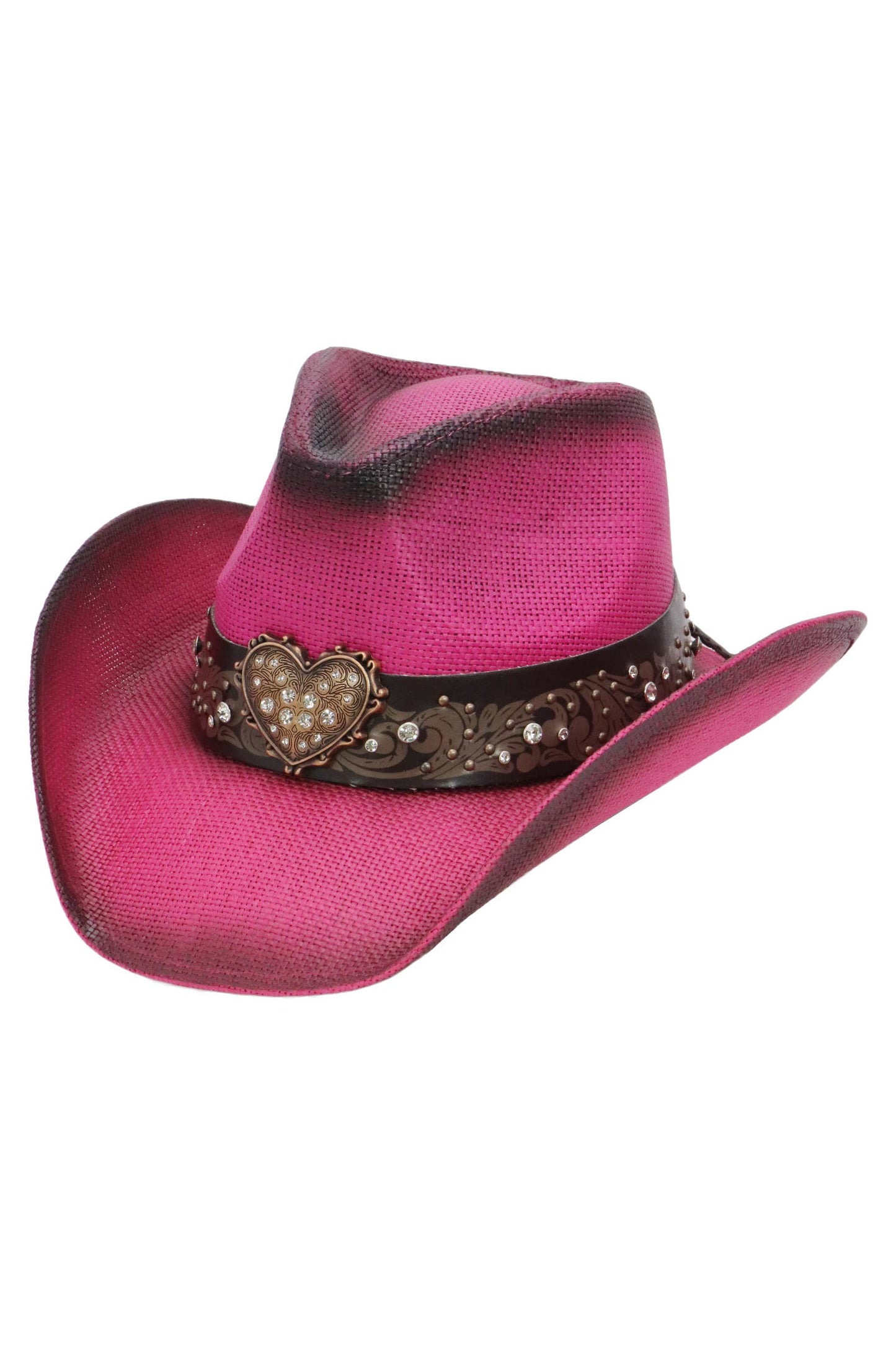 Heart Bling Rhinestone Belt Ombre Straw Cowboy Hat: Beige