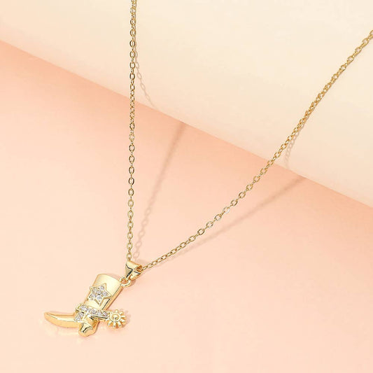 Stainless Steel CZ Stone Paved Star Accent Cowboy Boot Charm Pendant Necklace: Gold