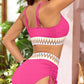 Ribbed Knit Tribal Contrast Detail 2pcs High Waist Swimsuit: Bright Pink