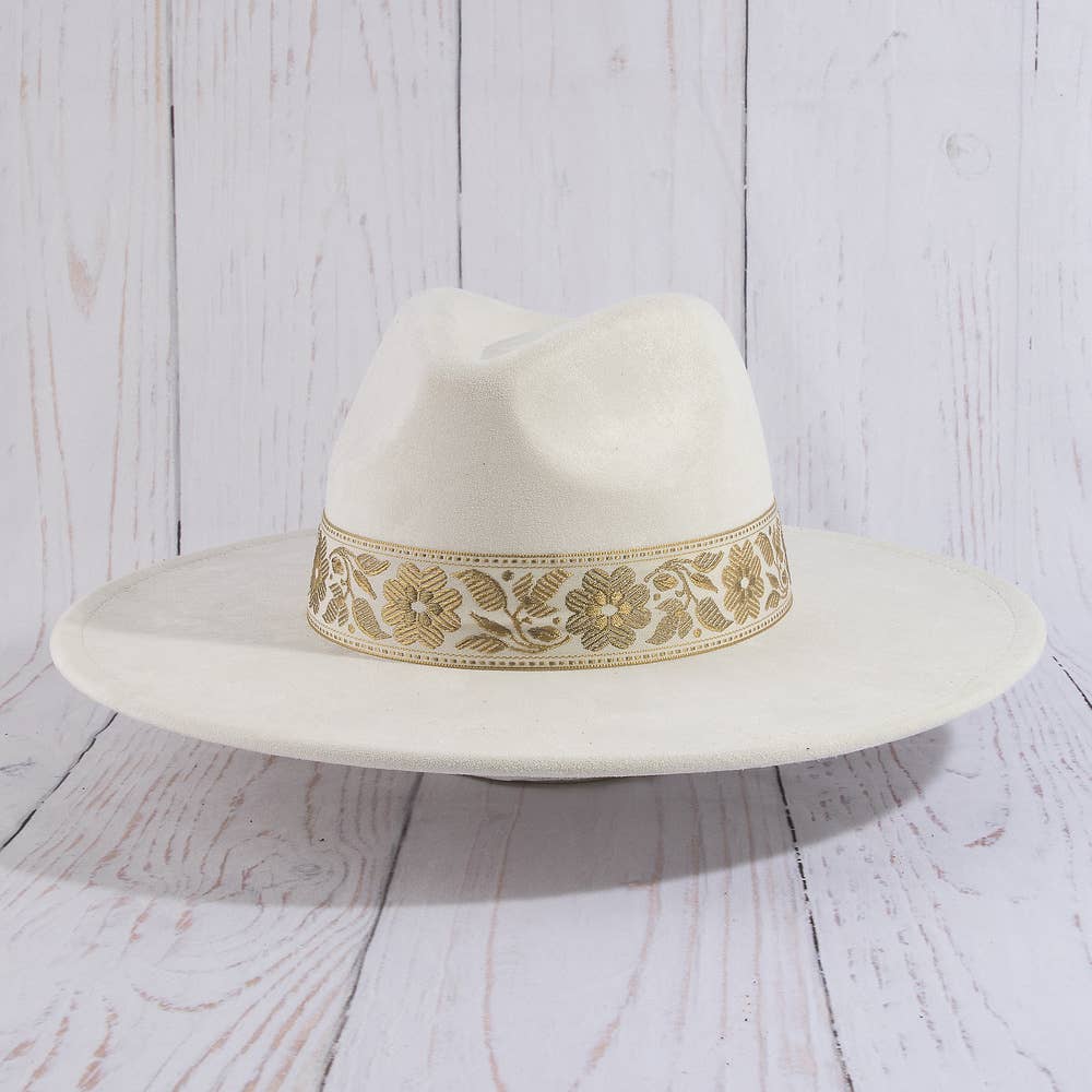 Wide Brim Felt Hat With Floral Ribbon Band