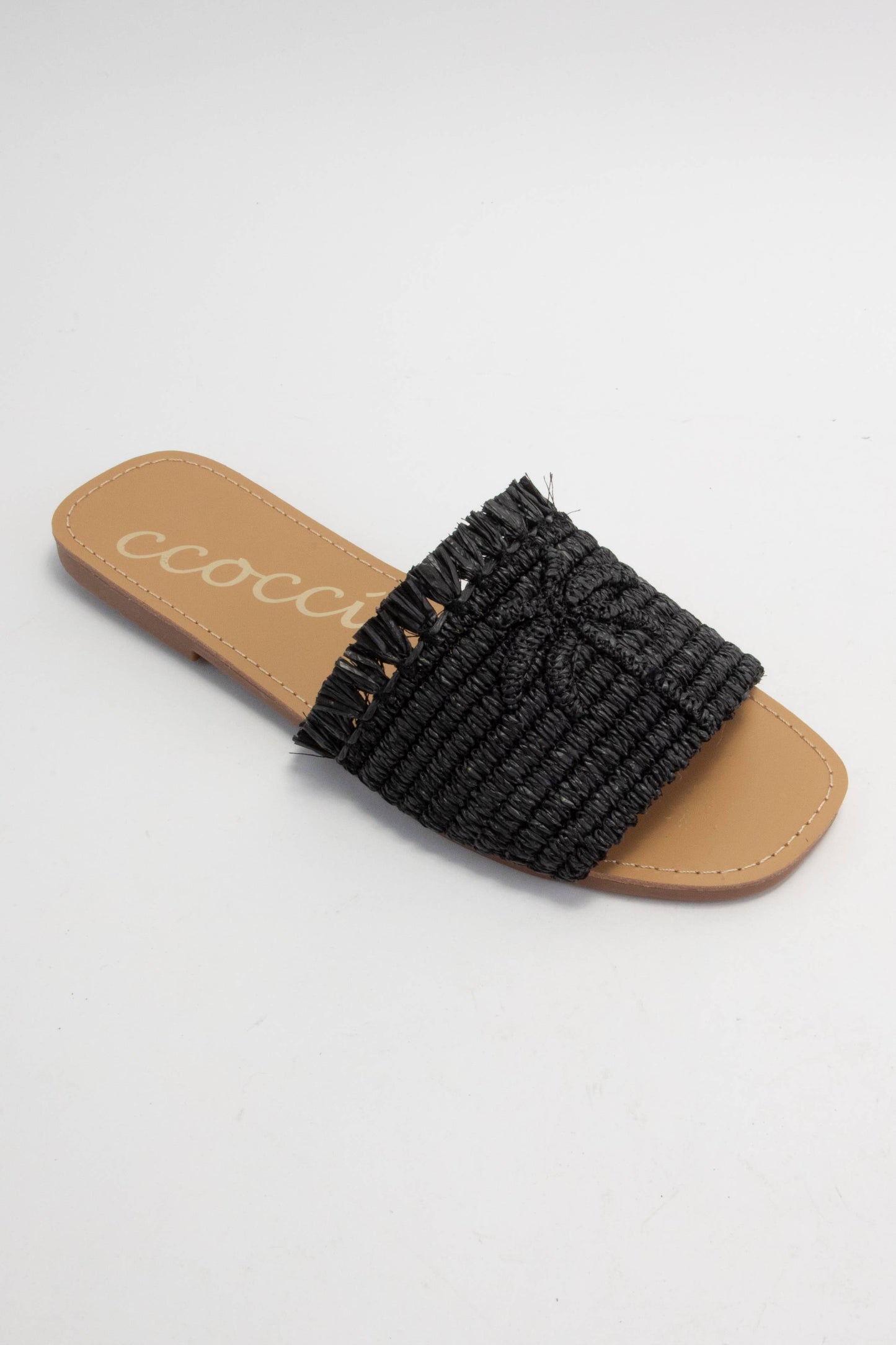 SANDY PALM TREE EMBROIDERY DESIGN RAFFIA SANDAL: CAMEL / A12