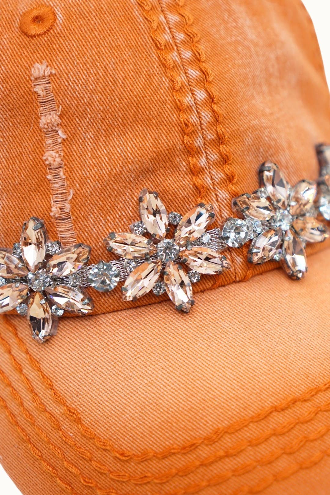 Bejeweled Bling Glitz Distressed Cap, Adjustable: Burnt Orange