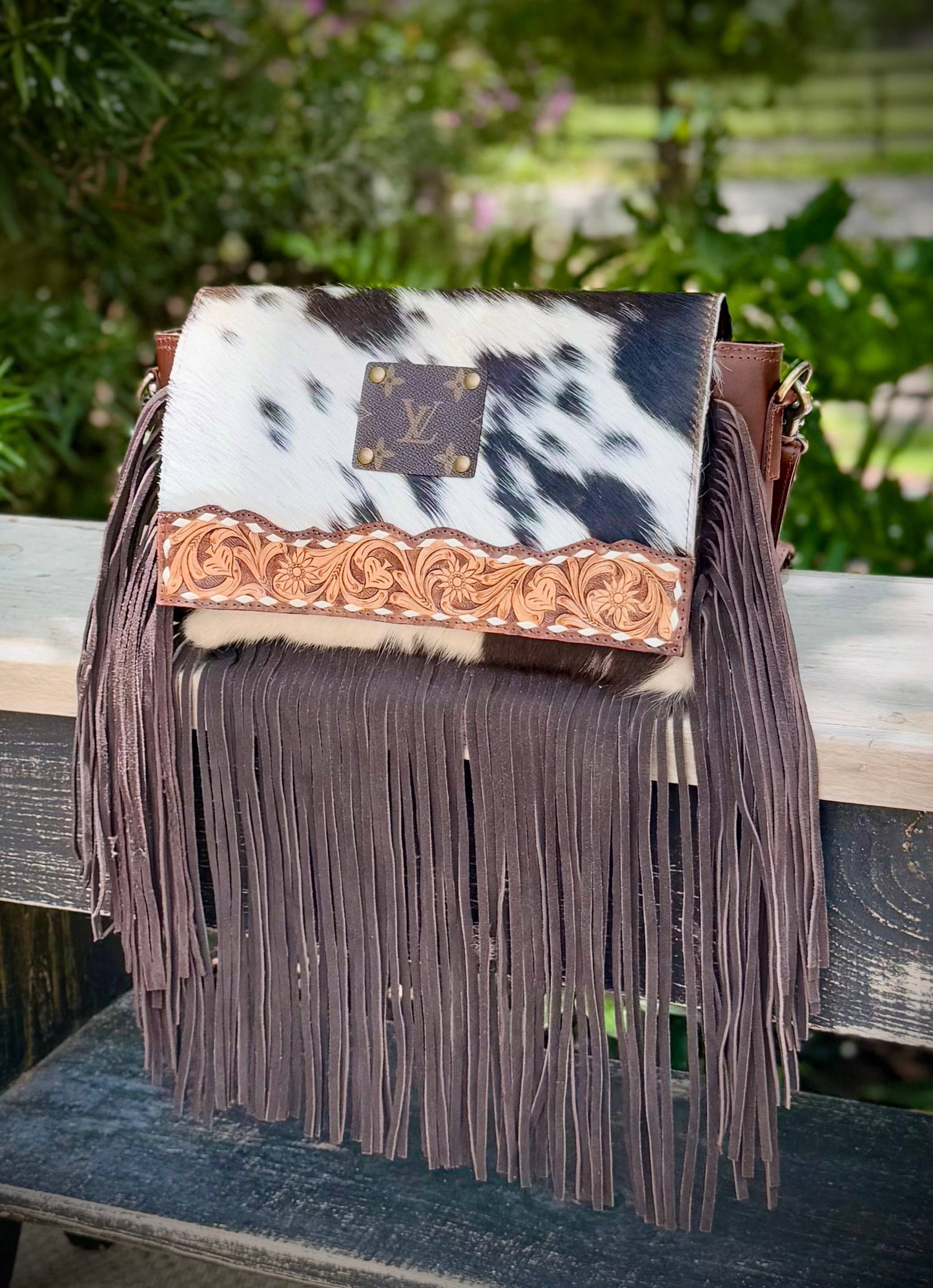 Upcycled Cowhide Leather Fringe Crossbody Bag Western Boho