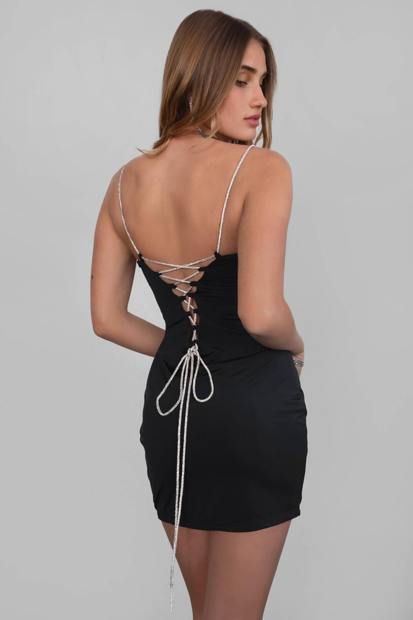 LESLY Milk Mini Dress With Embelished Straps: Black