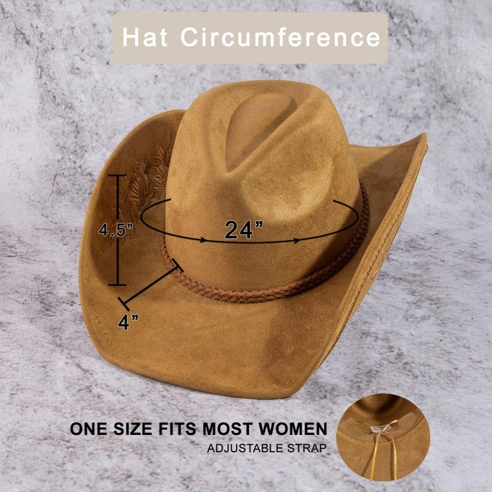 Rose Embroidered Braided Band Fedora Cowboy Hat: BR