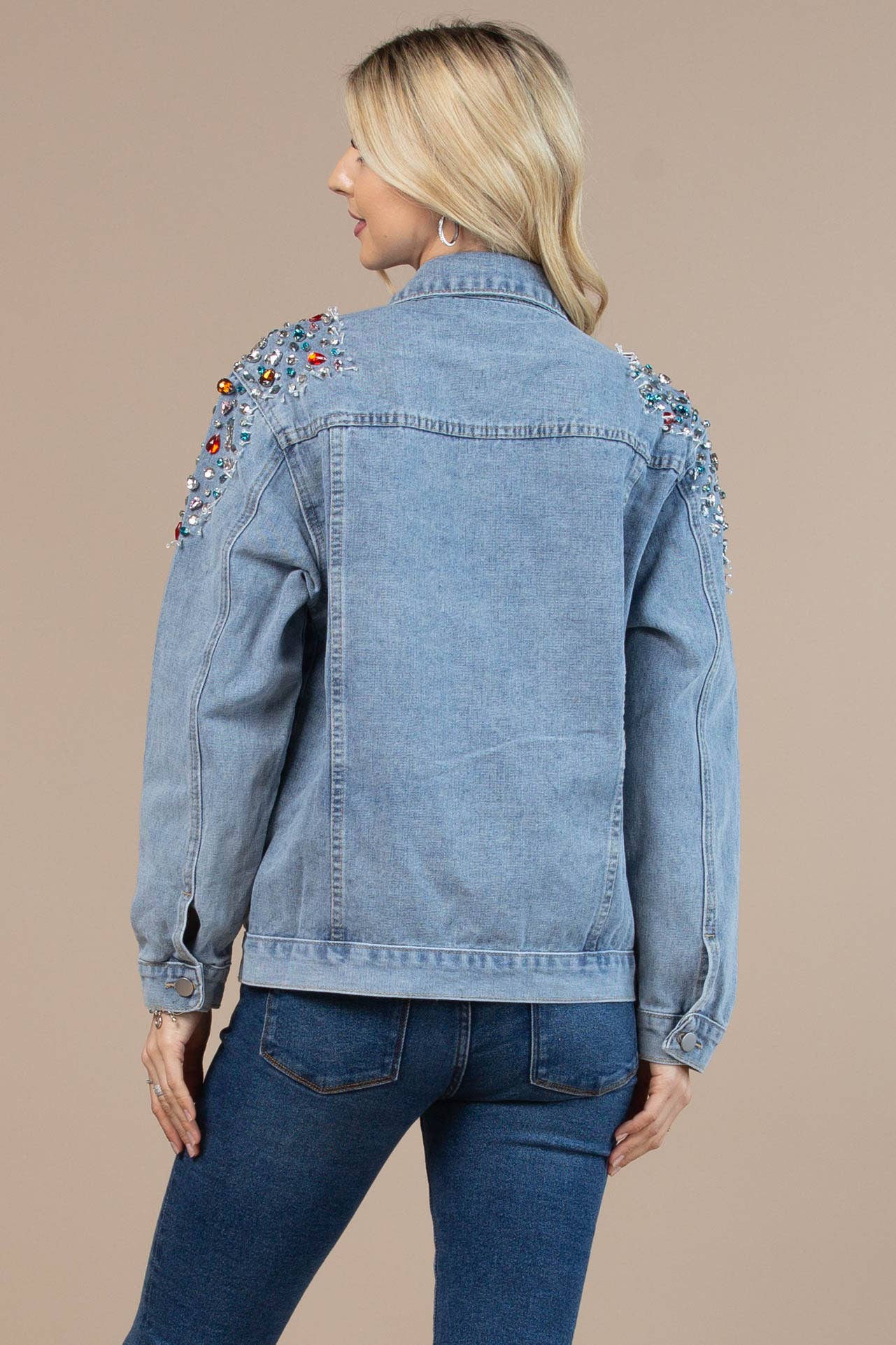 63001-Shoulder Rhinestones Washed Denim Jacket DENIM BLUE.