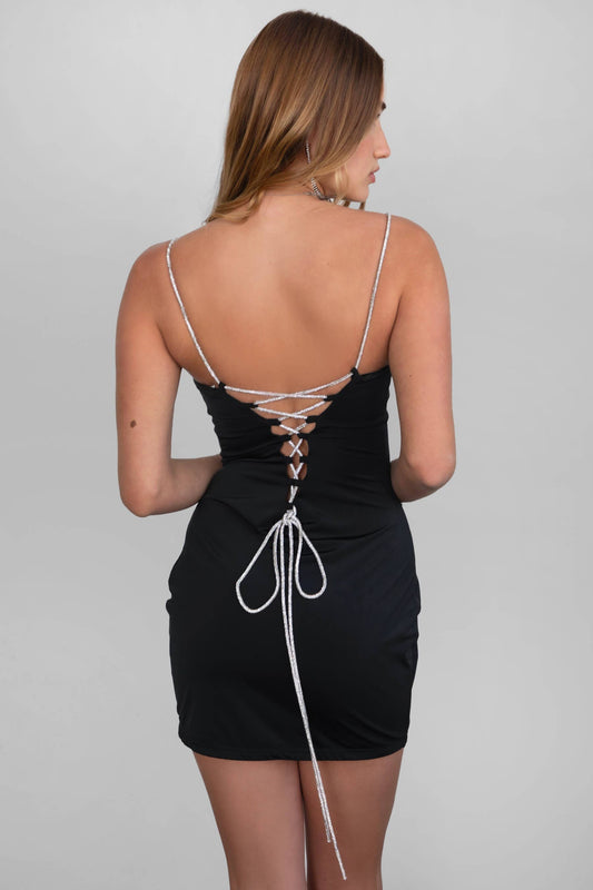 LESLY Milk Mini Dress With Embelished Straps: Black