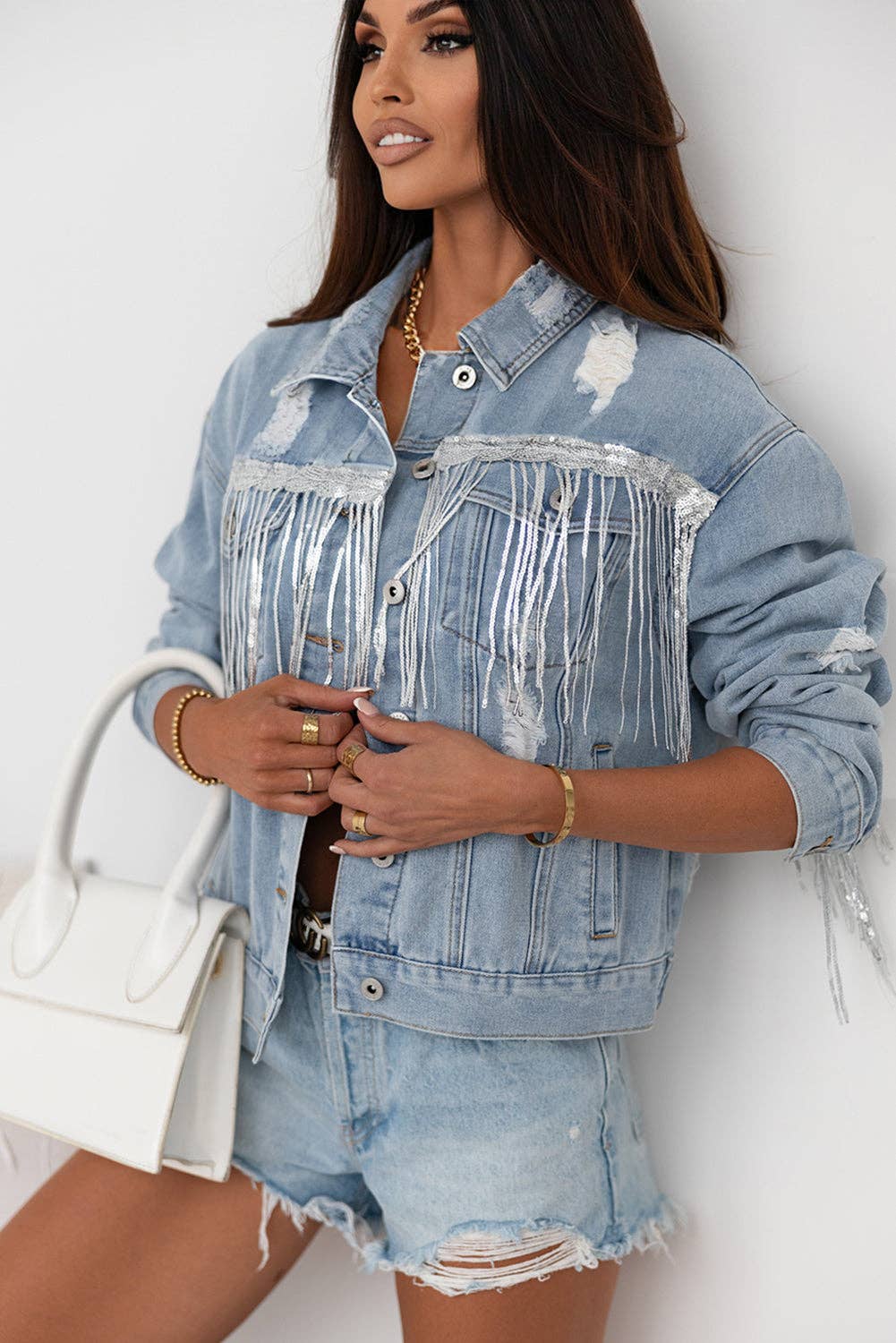Sky Blue Sequin Embellished Fringe Distressed Denim Jacket: Sky Blue / 75%Cotton+12.7%Polyester+12.3%Viscose.