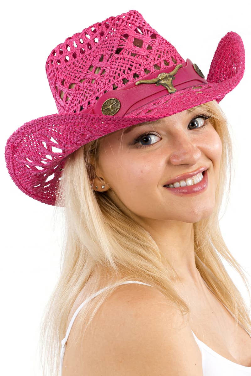Longhorn Monochrome Belt Crochet Woven Cowboy Hat: Hot Pink