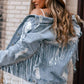 Sky Blue Sequin Embellished Fringe Distressed Denim Jacket: Sky Blue / 75%Cotton+12.7%Polyester+12.3%Viscose.