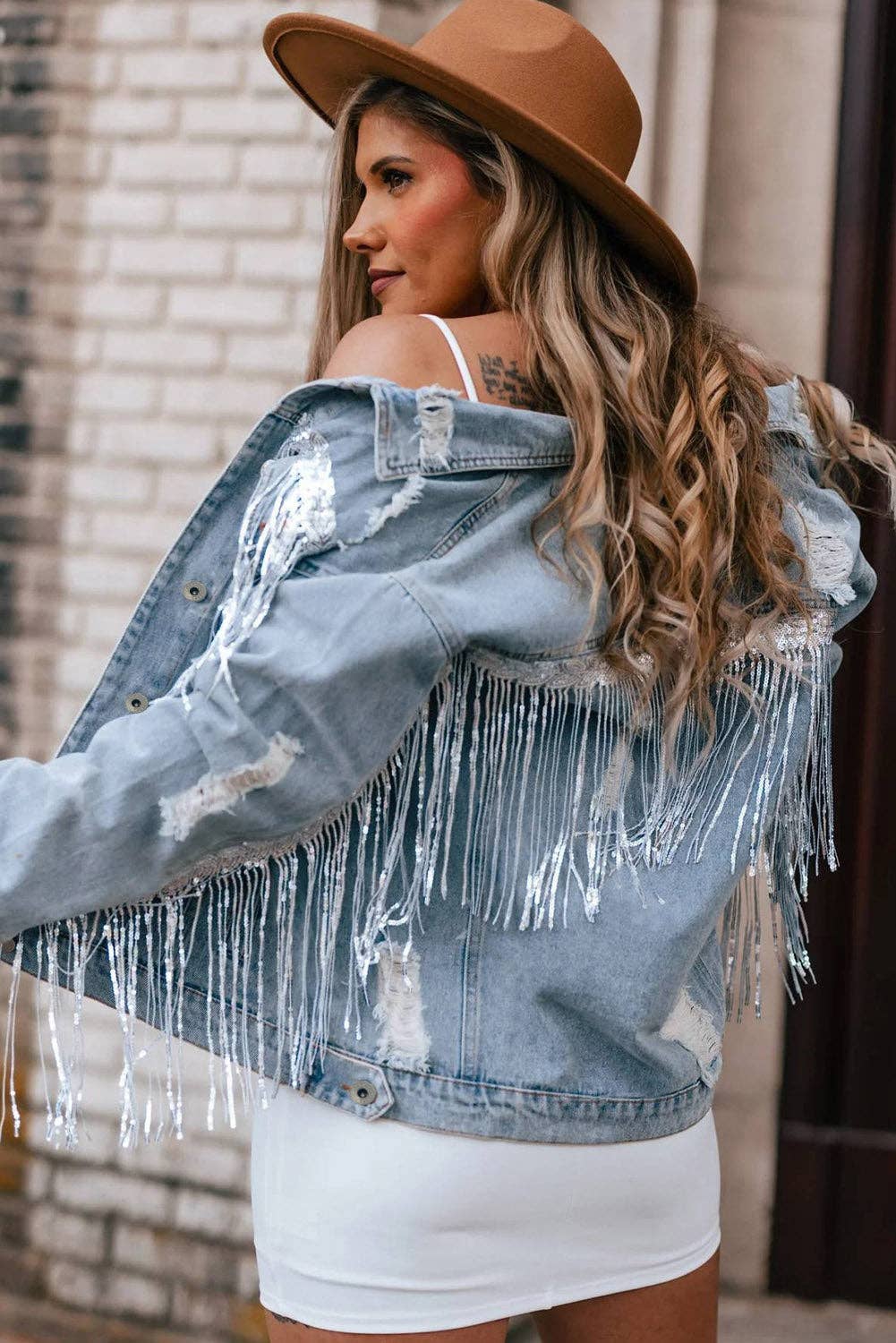 Sky Blue Sequin Embellished Fringe Distressed Denim Jacket: Sky Blue / 75%Cotton+12.7%Polyester+12.3%Viscose.