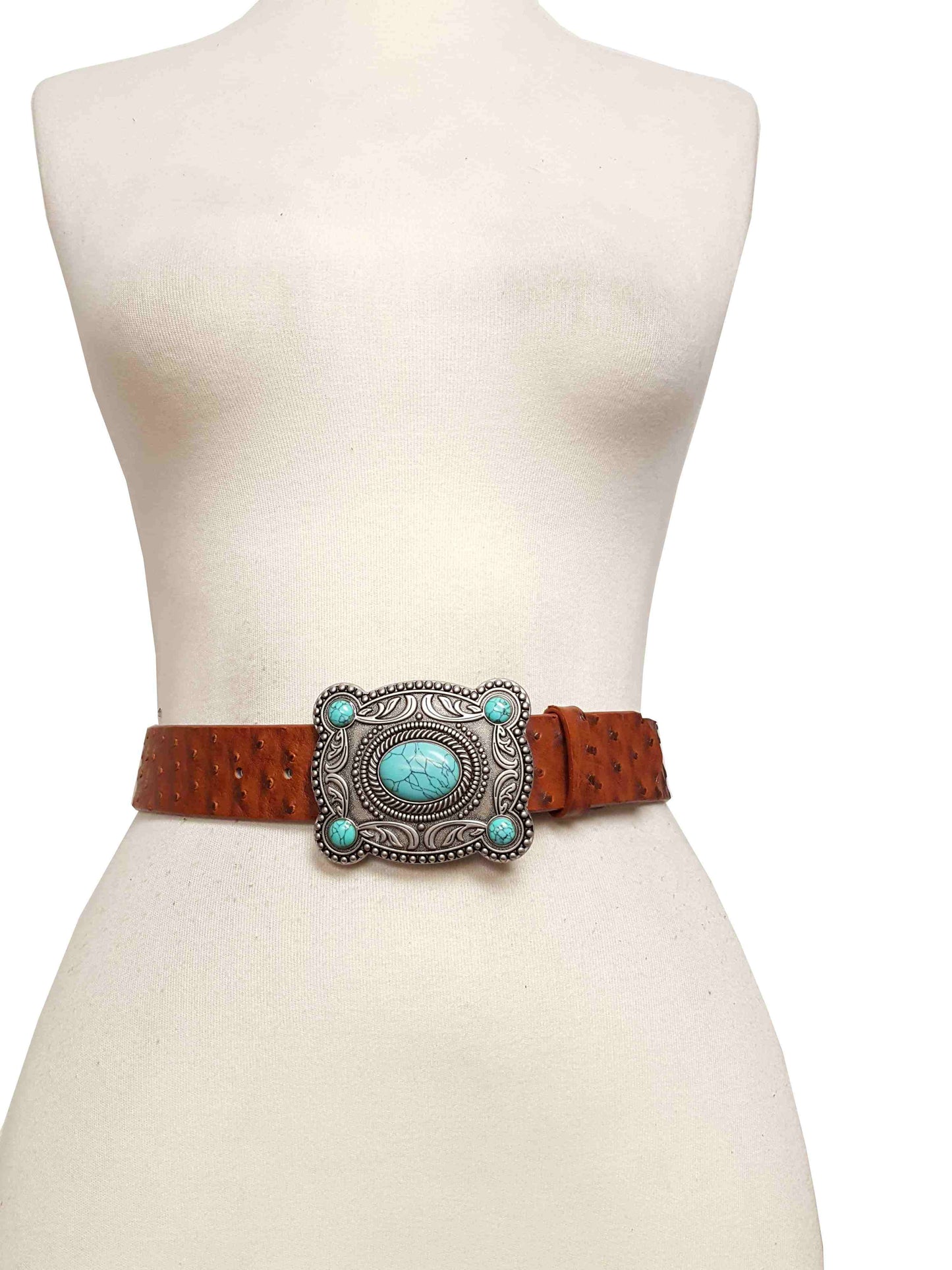 Western Silver Turquoise Buckle w. Ostrich Belt: Black / M/L
