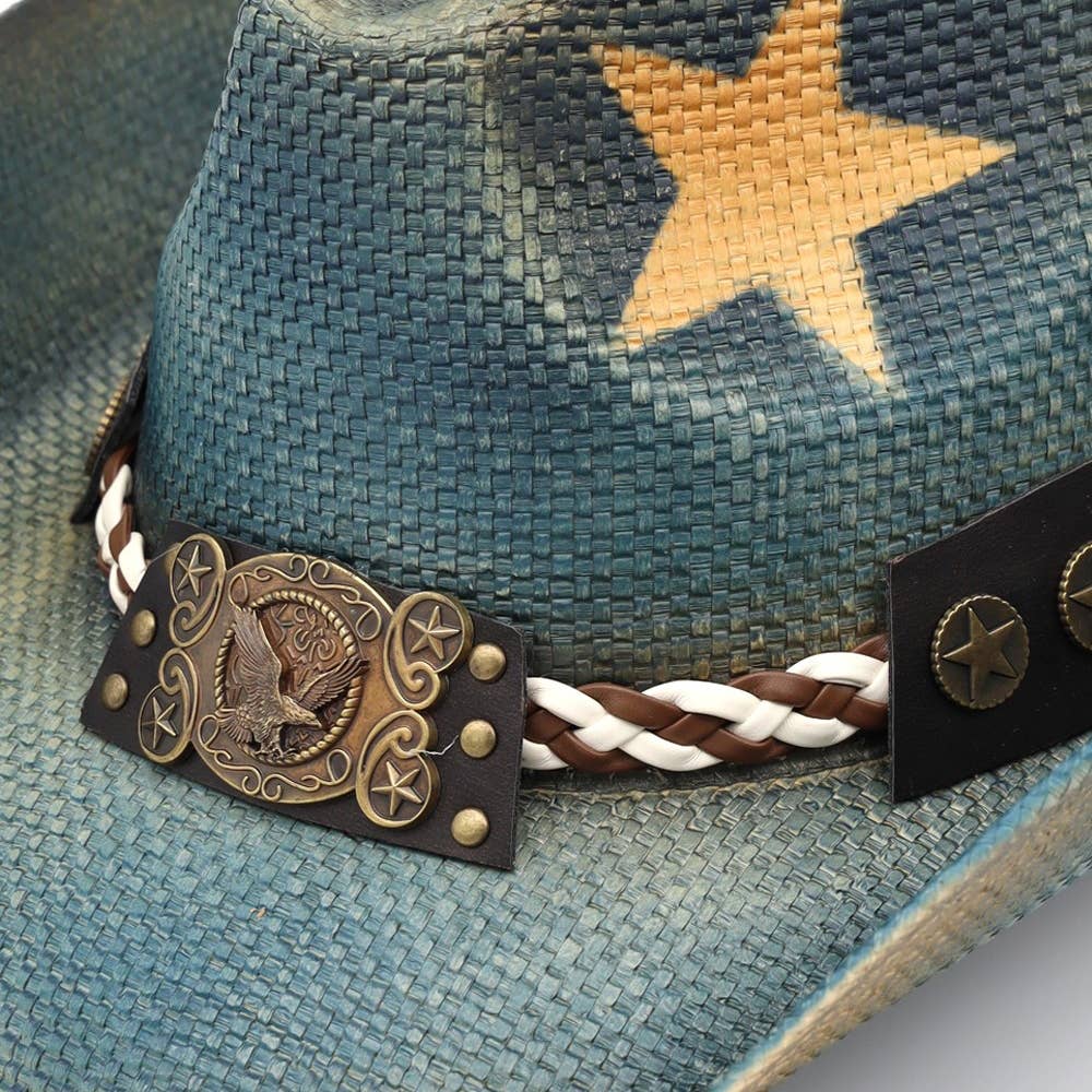 Yellow Star Print Western Eagle Medallion Cowboy Hat: BLUE