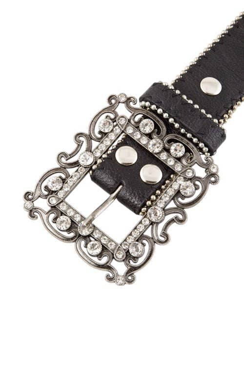 Motif Floral Crystal Buckle Fashion Belt: Black / S/M