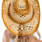 Lightly Beaded Vintage Burnt Crochet Straw Cowboy Hat: NATURAL/BLACK / ONE SIZE
