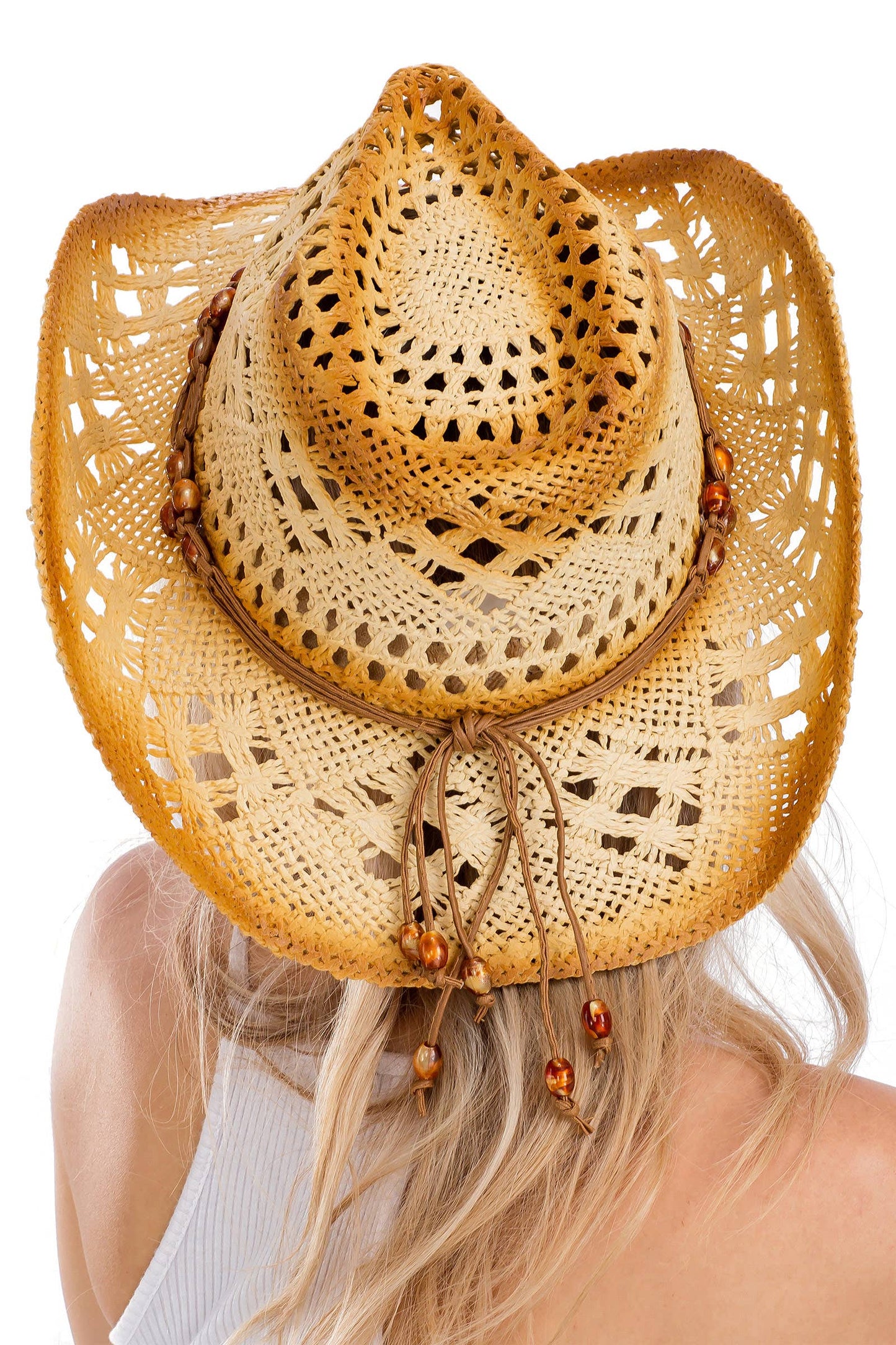 Lightly Beaded Vintage Burnt Crochet Straw Cowboy Hat: NATURAL/BLACK / ONE SIZE