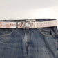Genuine Leather belt w. Shiny Silver Oval Floral Buckle: Blue