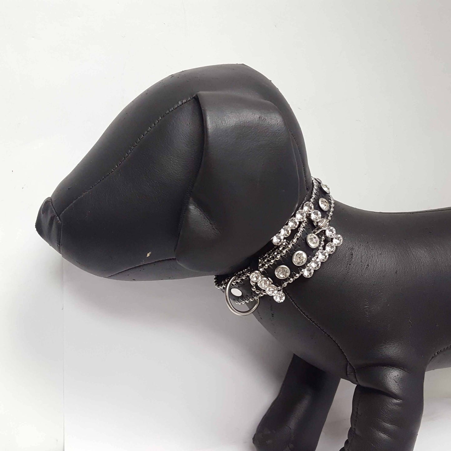 Genuine Black Leather Crystal Dog Collar: Pink Stone / Small