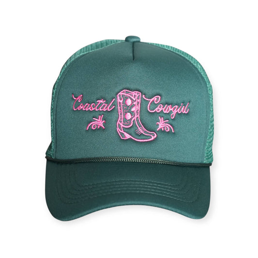 Coastal Cowgirl Trucker Hat: Forest Green/Hot Pink / Unstructured Trucker Hat