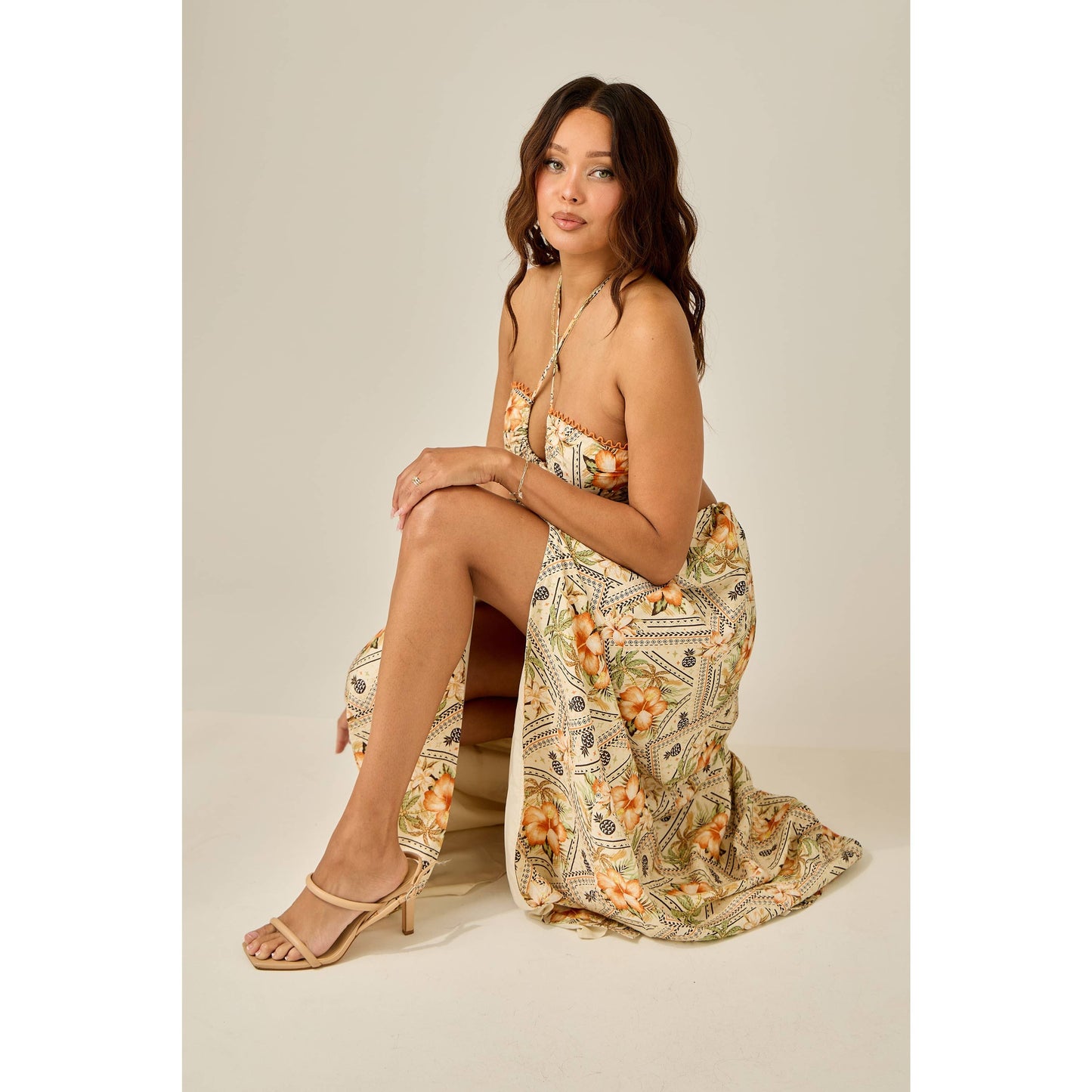 Tropical Cutout Maxi Dress: OFF WHITE COMBO / S