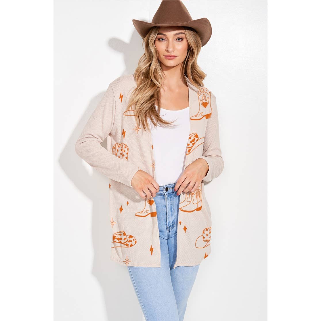 Cowgirl boots print knit long sleeve cardigan